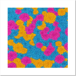 Pink and Blue Chrysanthemum Flowers pattern Posters and Art